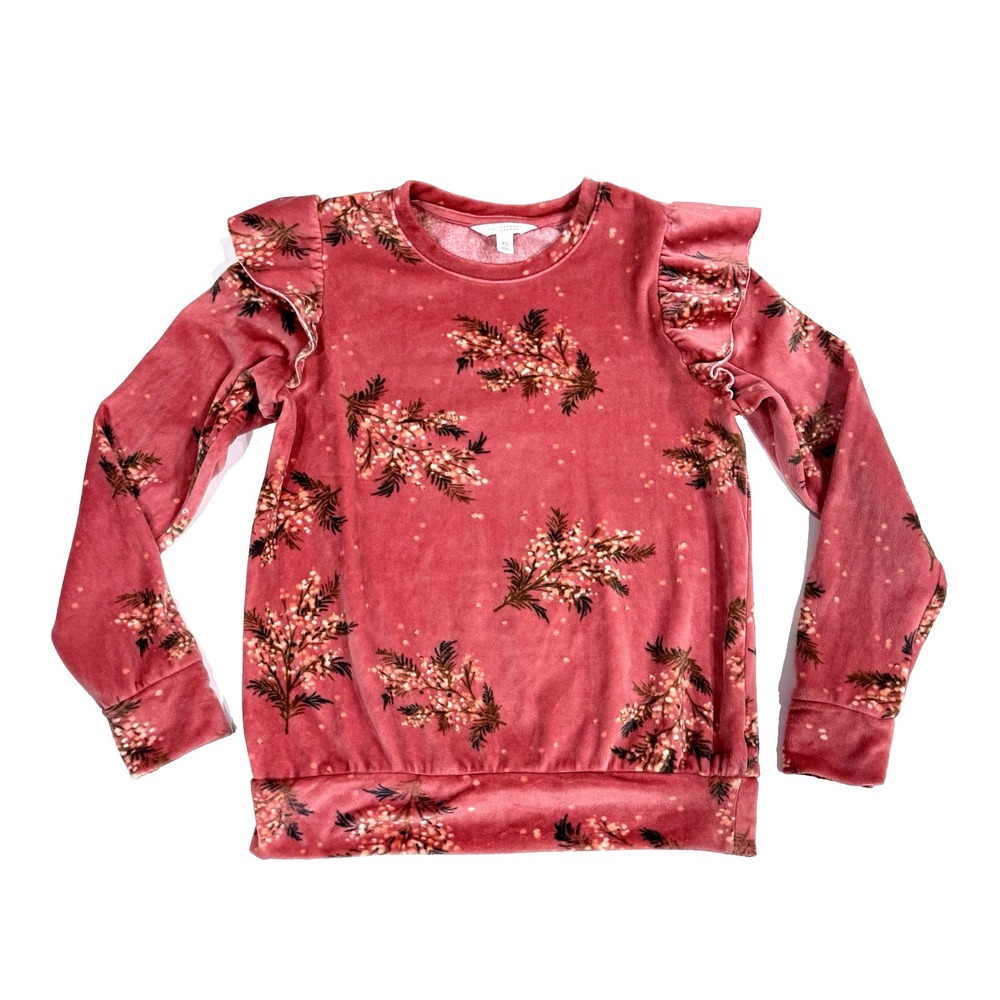 Lauren Conrad Floral Print Velour Ruffle Top Women XS Long Sleeve Pink Boho Soft